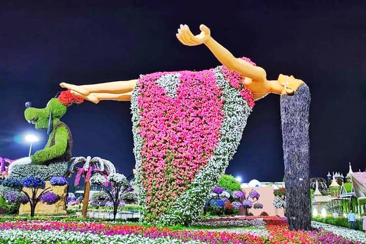 The Aerial Floating lady blooms Petunia flowers at the Dubai Miracle Garden.