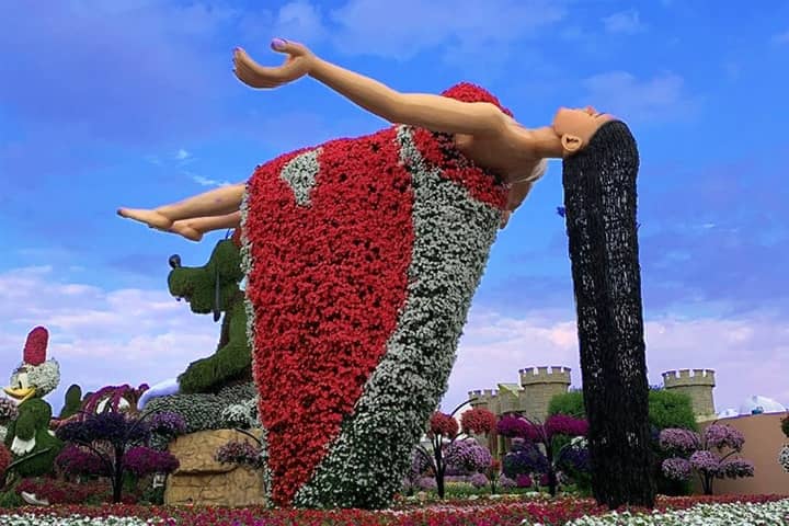 Aerial floating lady at Dubai Miracle Garden