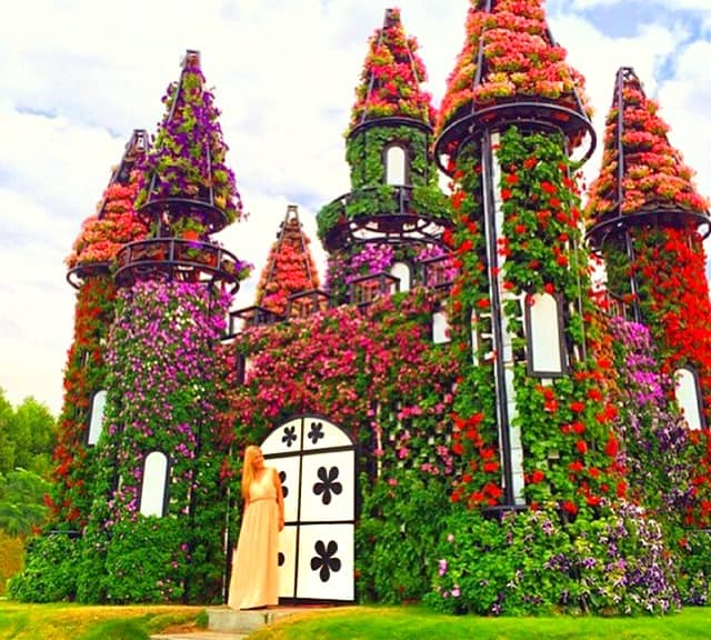 Photographs of the Floral Castle at the Dubai Miracle Garden.