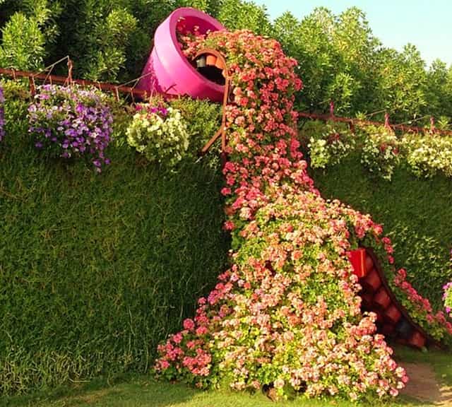 Flower Spilling Buckets structure at Dubai Miracle Garden.