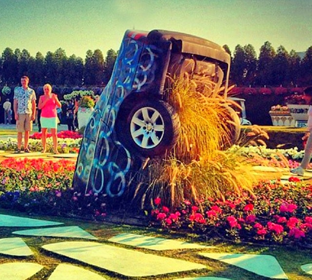 Half Buried Cars look like scrap cars being altered as decoration for the Dubai Miracle Garden.