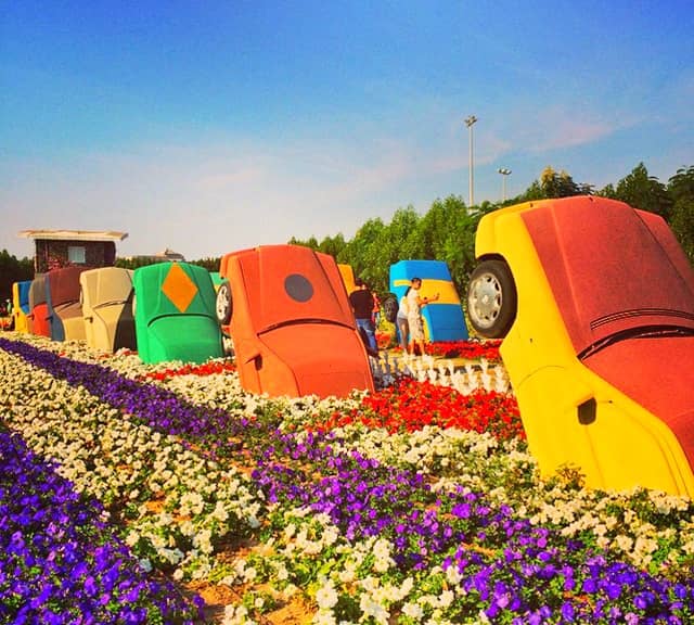 Half Buried Cars are 7 feet outside the earth at the Dubai Miracle Garden