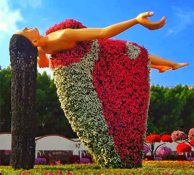 Aerial Floating Lady at Dubai Miracle Garden.