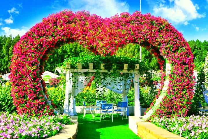 Rest areas at the Dubai Miracle Garden have heart shaped entrance.