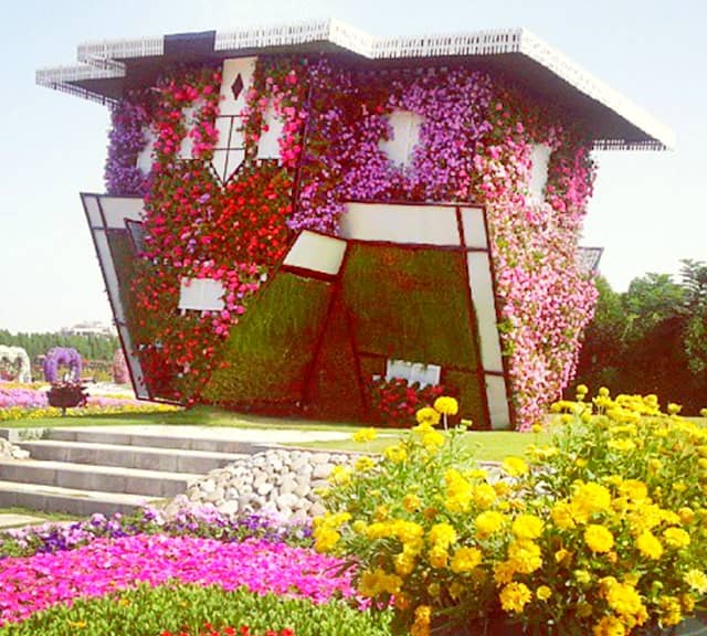 Petunia flowers and grass is used to decorate this Upside-Down Floral House.