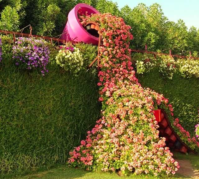 Flower Spilling Buckets structure at Dubai Miracle Garden.