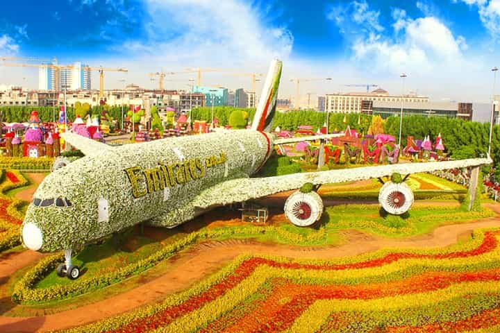 Emirates Airbus A380 at Dubai Miracle Garden blooms 5 million flowers.